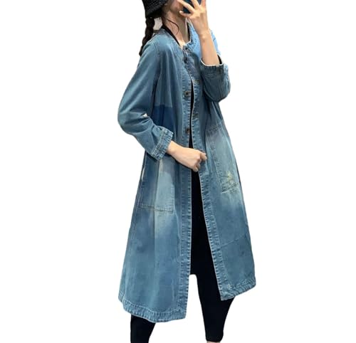 Retro Blue O-Neck Denim Overcoat Women Loose Large Midlength